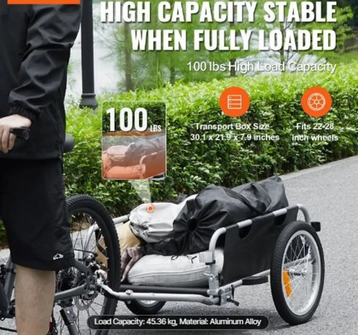 Bike Cargo Trailer, 100 lbs Load Capacity - Image 2