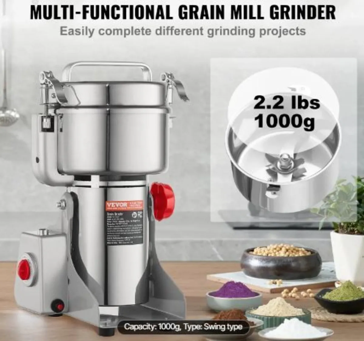 1000g Electric Grain Mill Grinder, High Speed 3000 - Image 1
