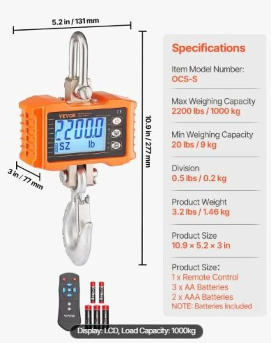 Digital Crane Scale, 2200 lbs/1000 kg - Image 4