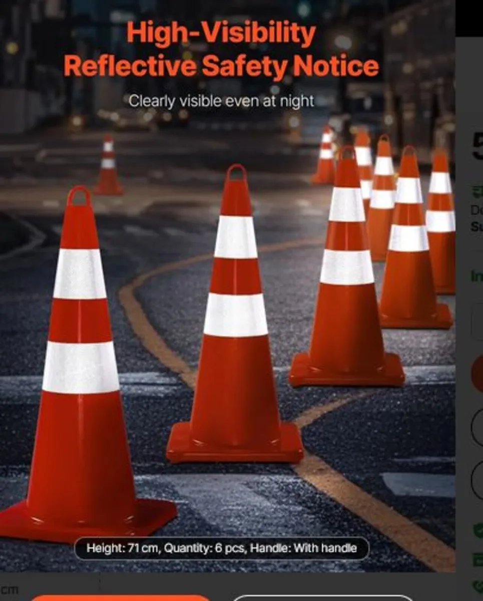 Safety Cones, 6 x 28" Traffic Cones, PVC Orange - Image 2