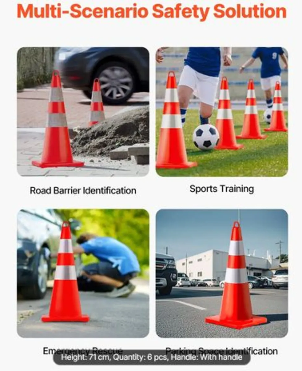 Safety Cones, 6 x 28" Traffic Cones, PVC Orange - Image 4