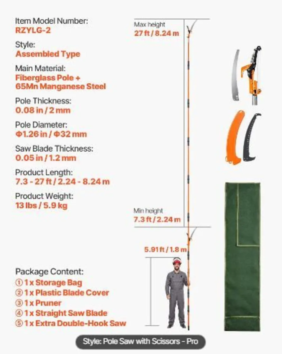 Manual Pole Saw, 2.2-8.2 m Extendable - Image 1