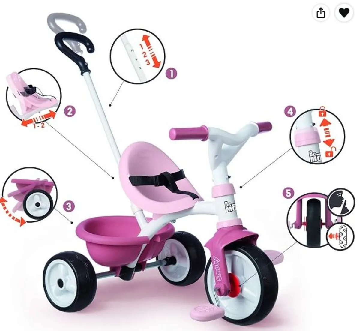 SMOBY BE MOVE PINK CHILDRENS TRICYCLE - Image 4