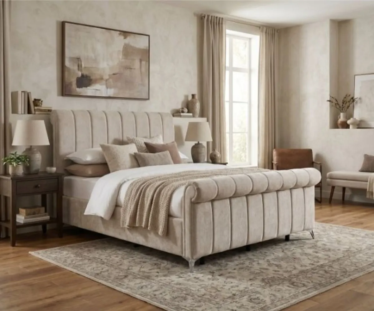 Carlow Upholstered Storage Bed – Beige - Image 1