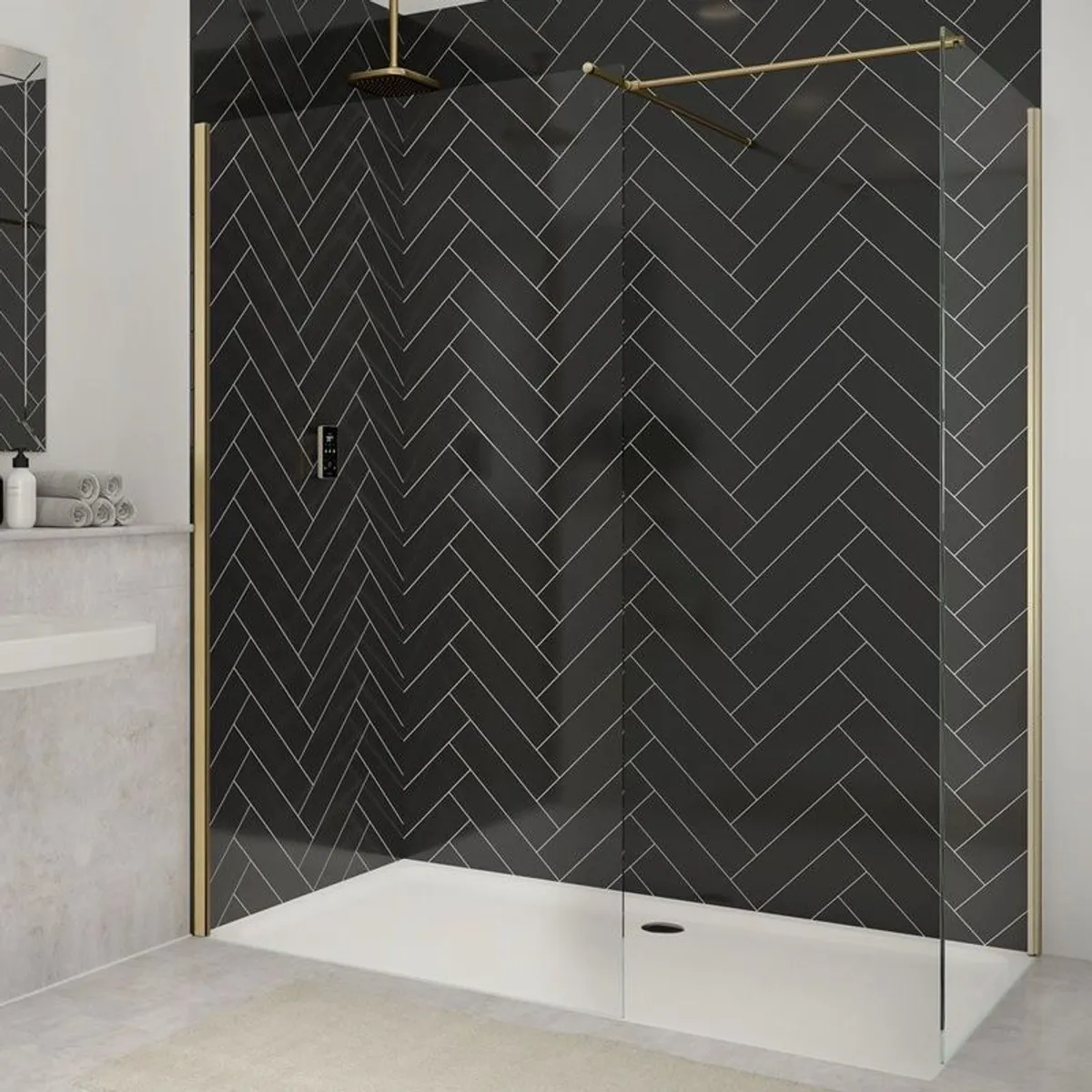 Brushed Brass Glass Shower Panel 1200mm - Image 3