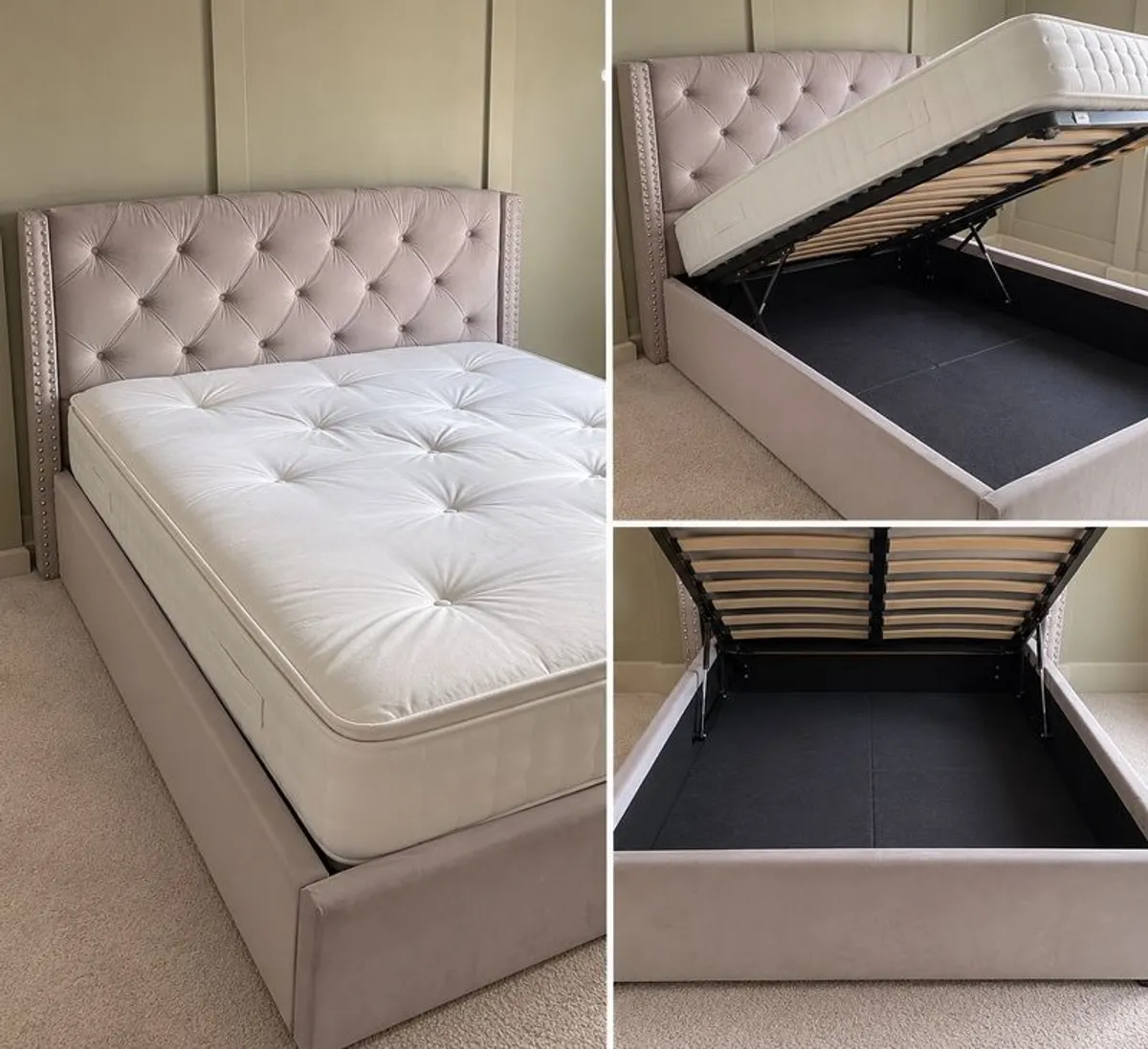 King Size Grey Velvet Ottoman Storage Bed & Brand New Mattress - Image 3