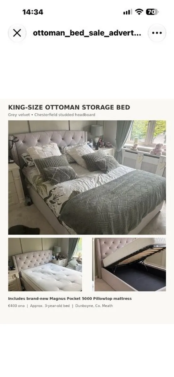 King Size Grey Velvet Ottoman Storage Bed & Brand New Mattress - Image 1