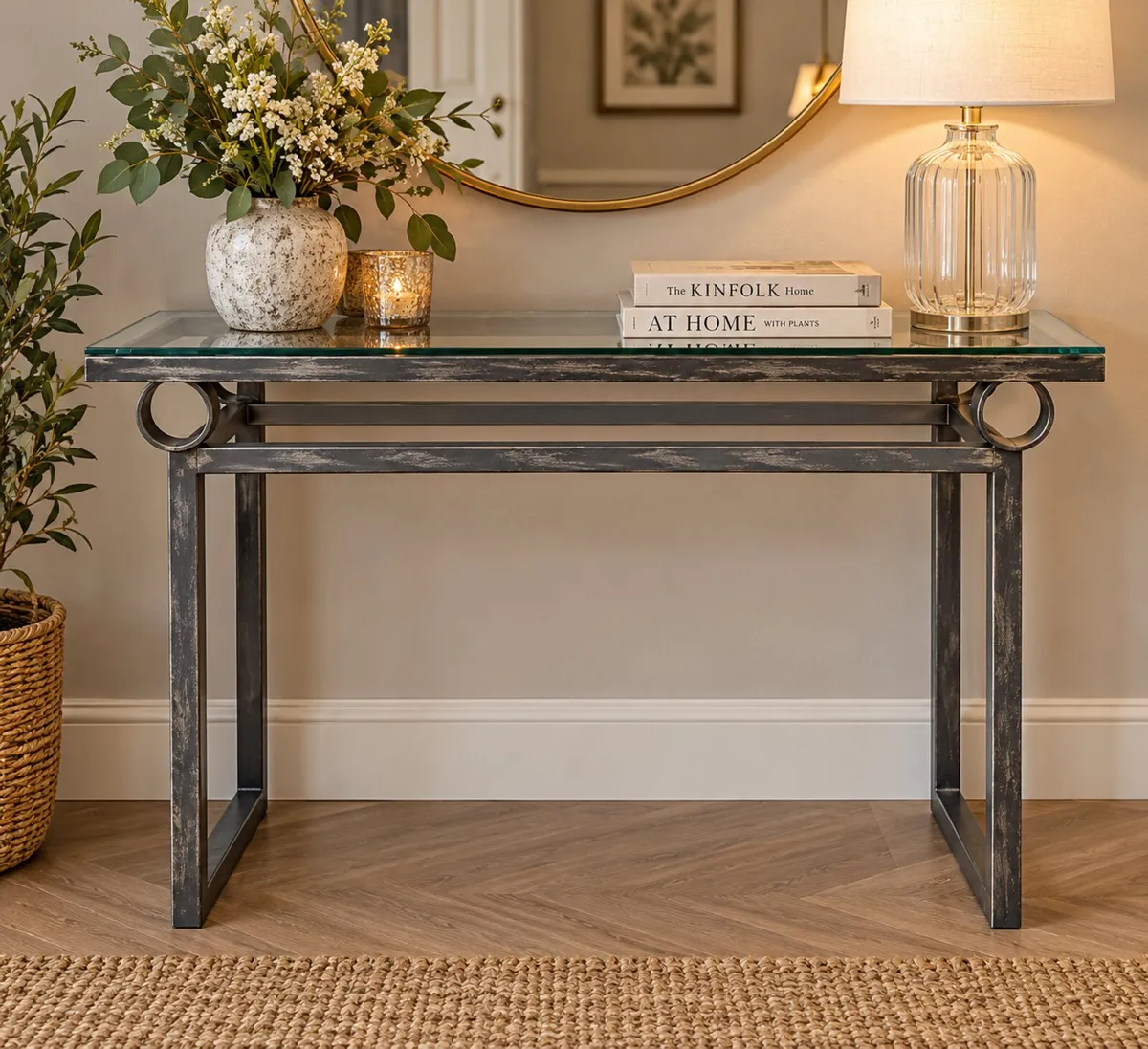 Glass Console / Hall Table – Antique Pewter Finish - Image 1