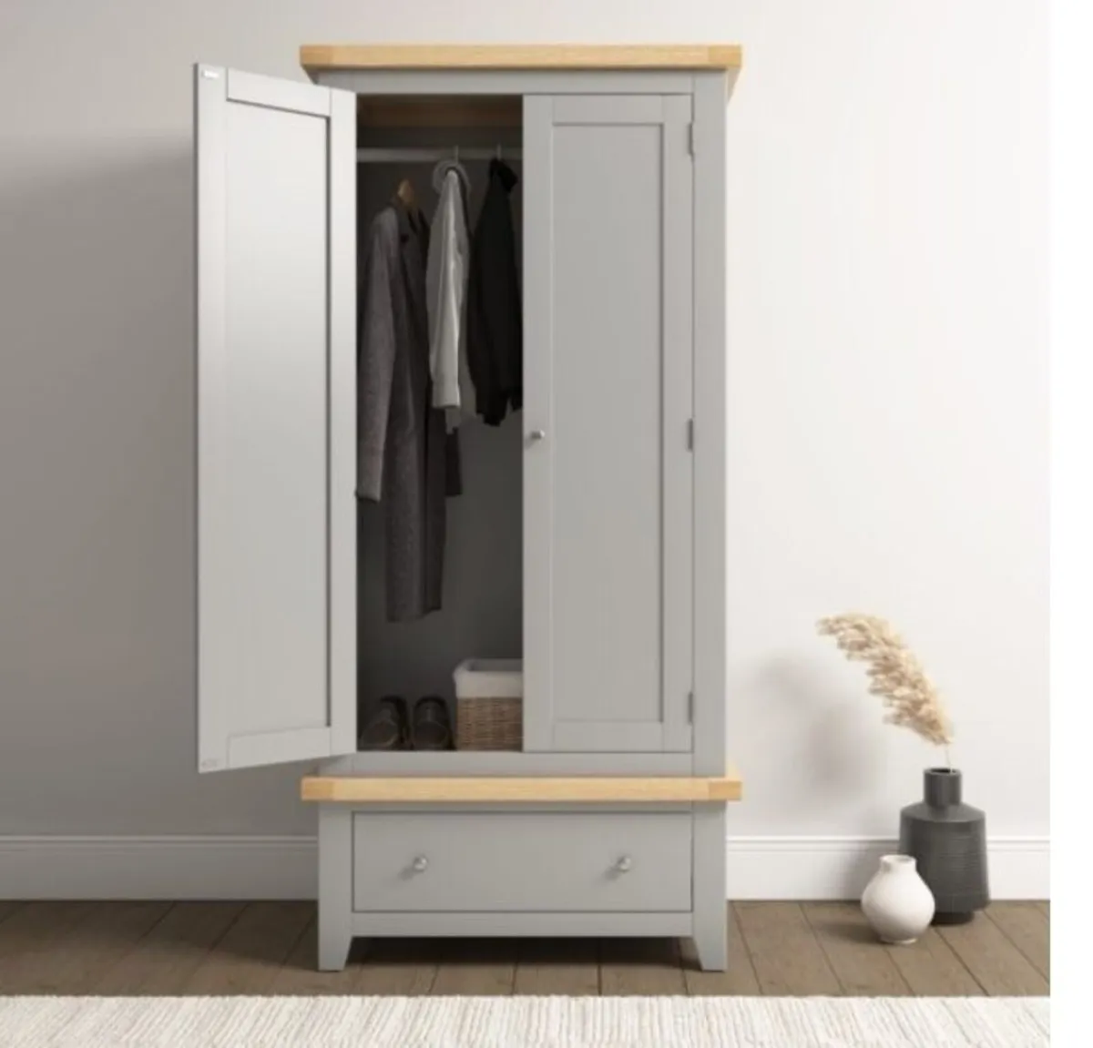 Windsor 2 Door 1 Drawer Wardrobe Pebble Grey & Oak - Image 1
