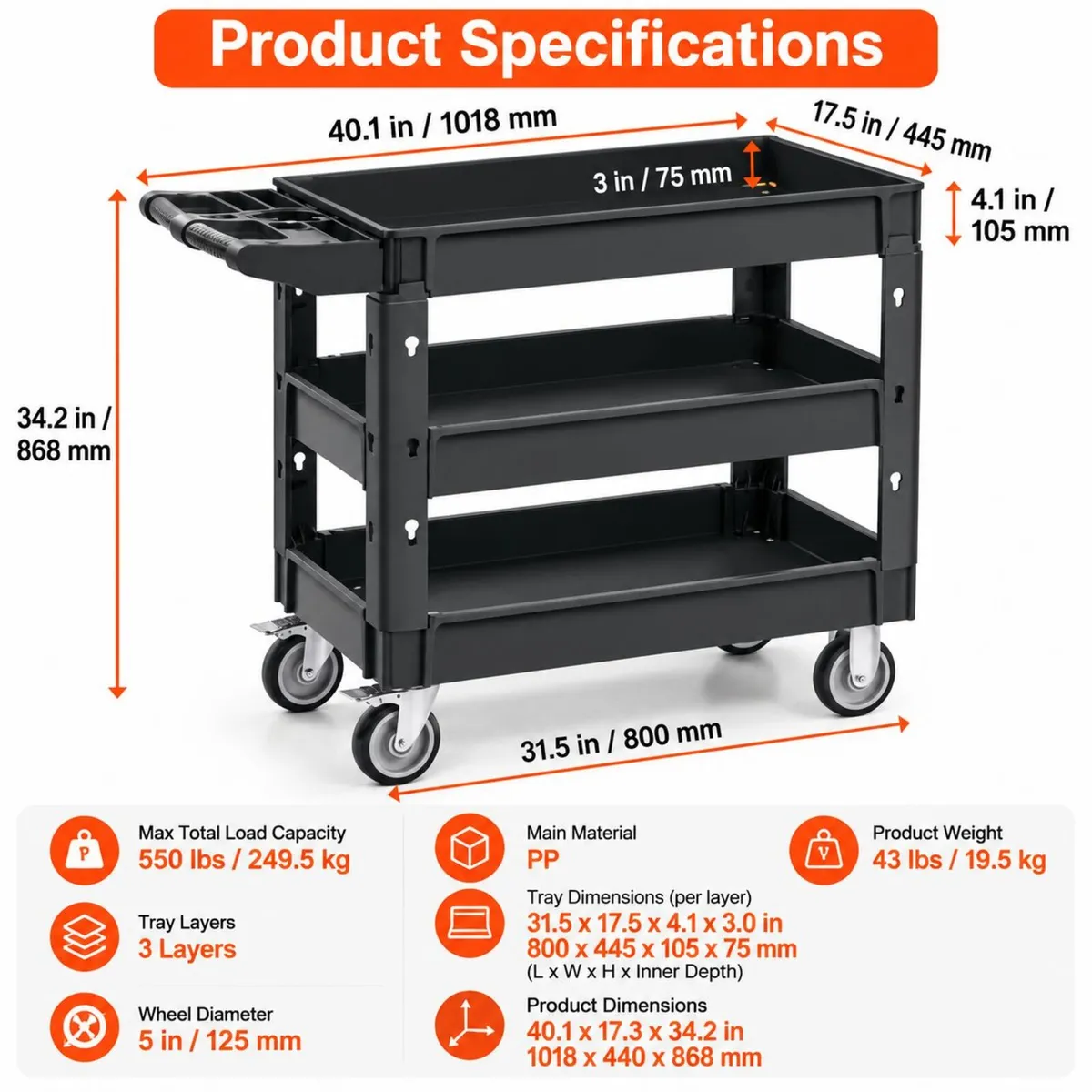 Heavy Duty 3 Tier Utility Service Cart 250kg Capac - Image 2