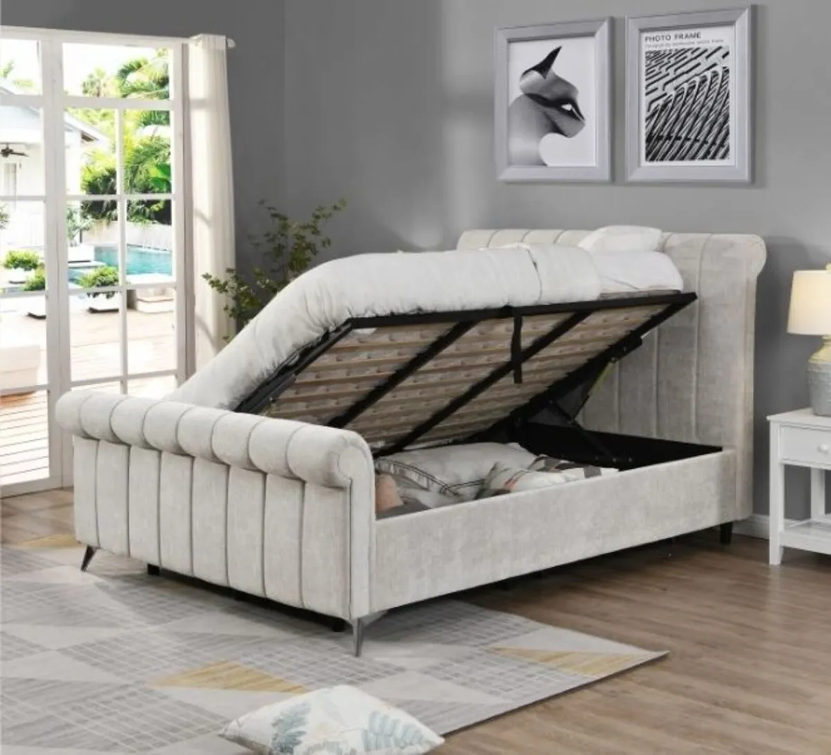 Carlow Upholstered Storage Bed – Beige - Image 1