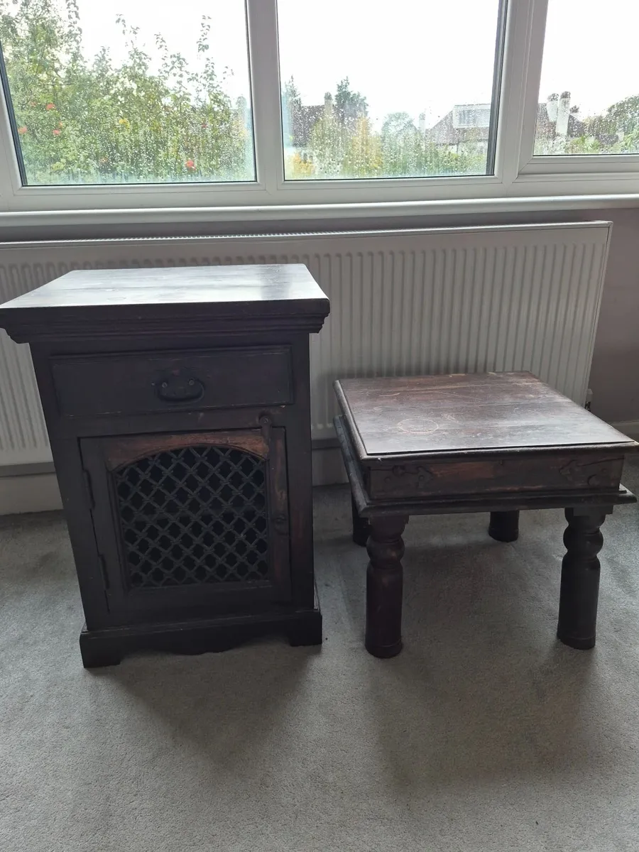 Wooden bedside locker and table