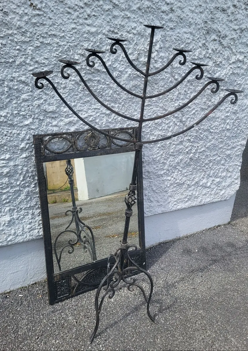 Vintage Wrought Iron Pillar Candle Stick & Mirror - Image 1