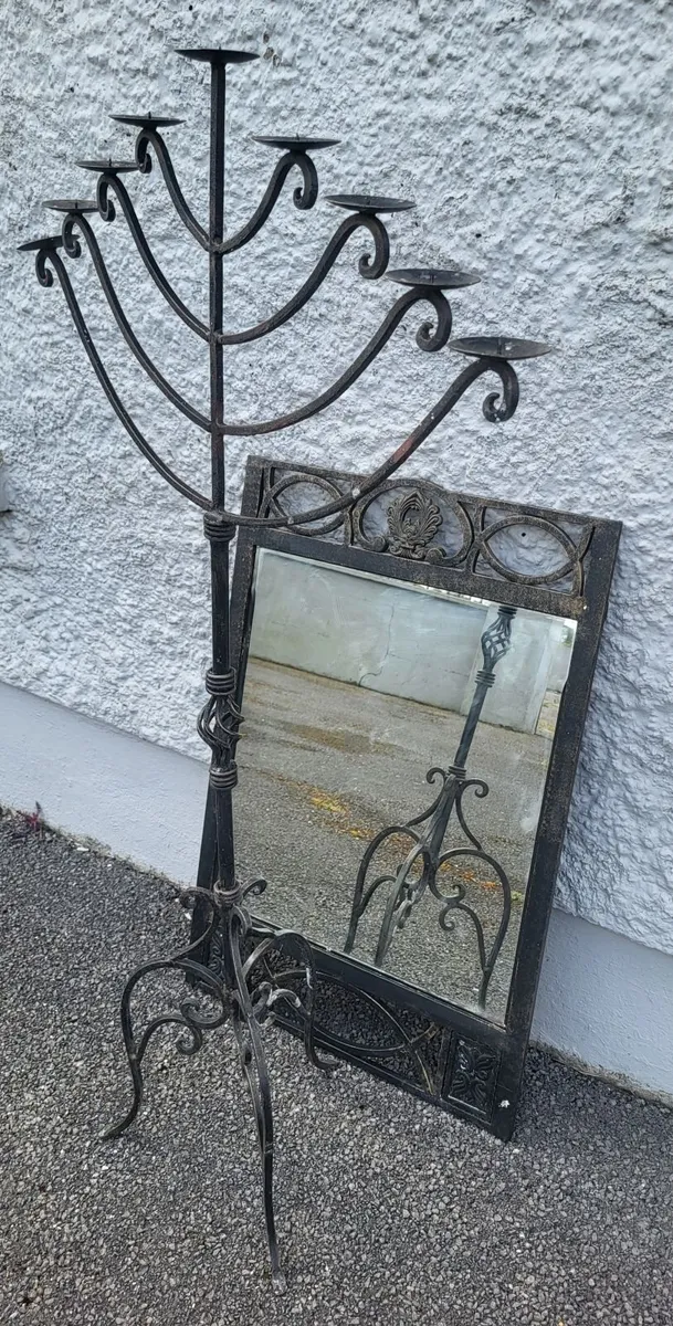 Vintage Wrought Iron Pillar Candle Stick & Mirror - Image 2