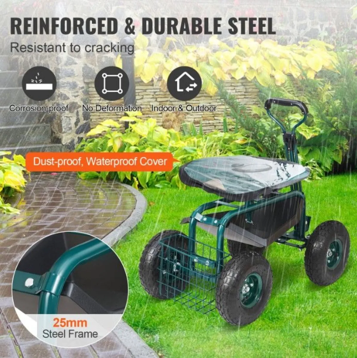 Garden Cart Rolling Workseat with Wheels - Image 3