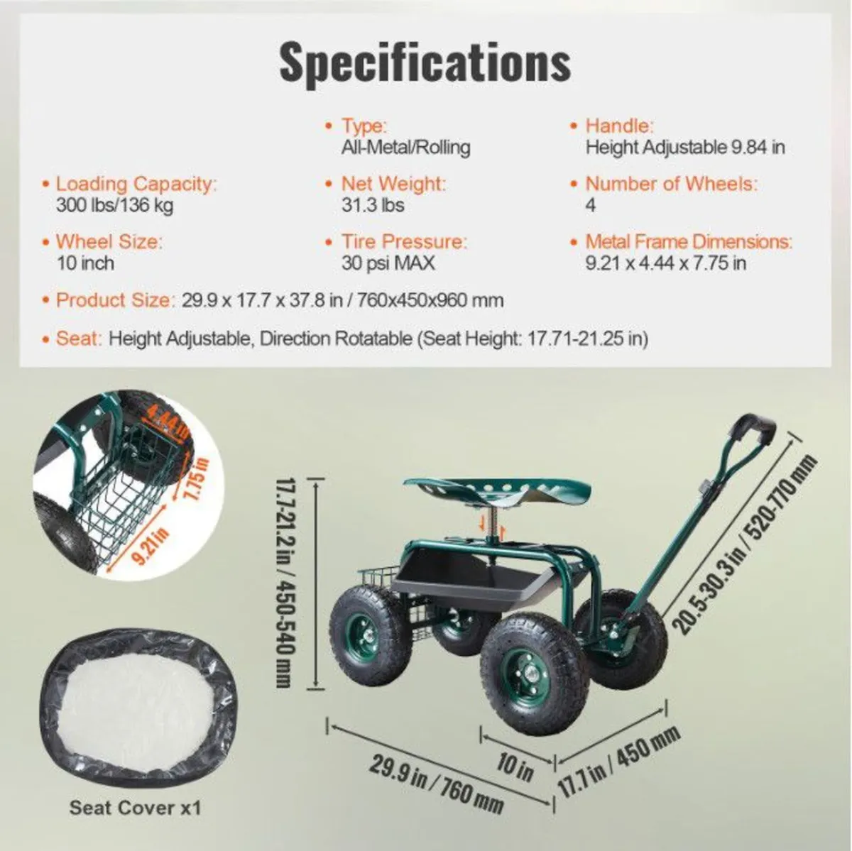 Garden Cart Rolling Workseat with Wheels - Image 4