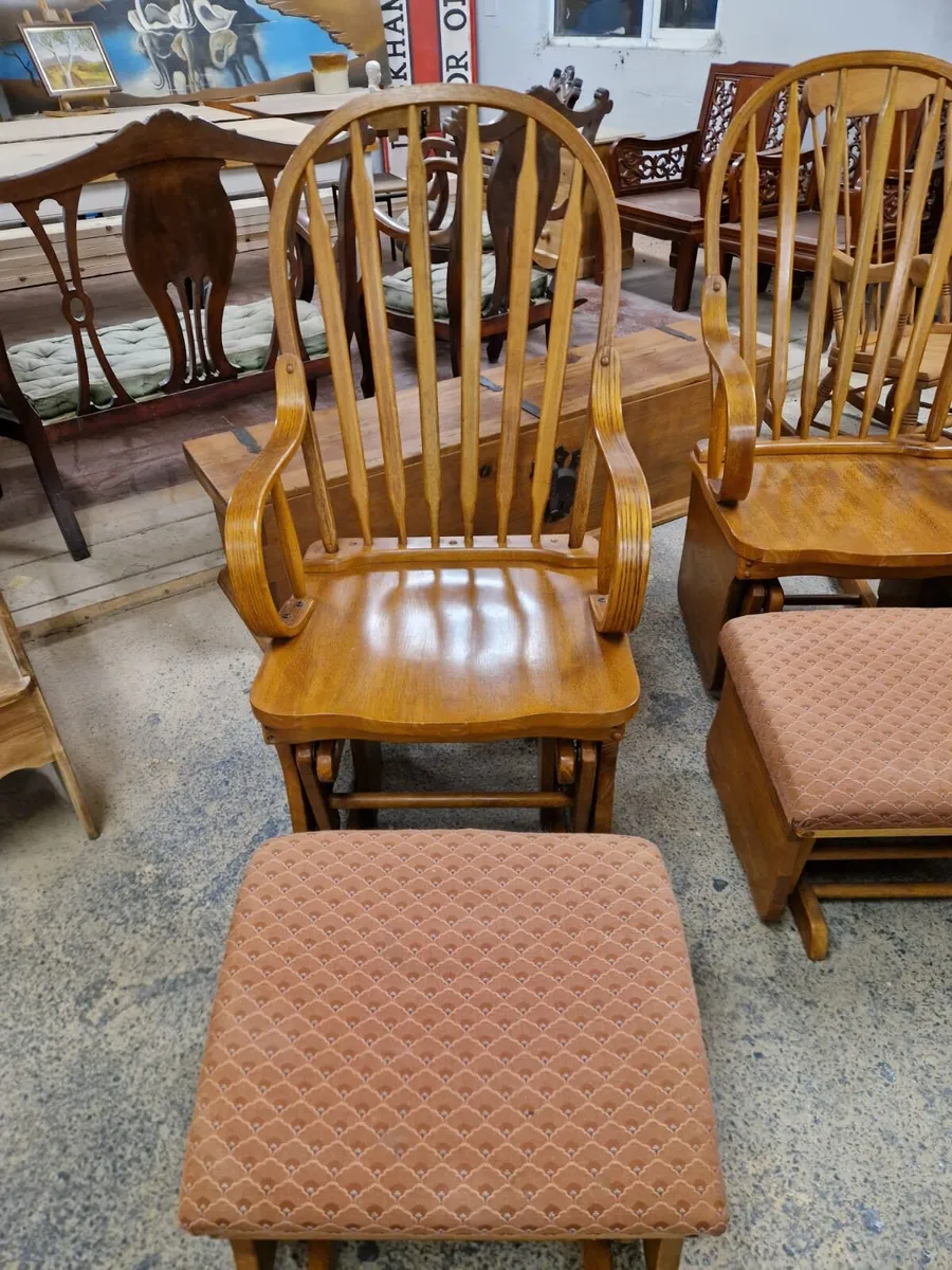 Pair vintage oak glider, rocking chairs +stools - Image 3