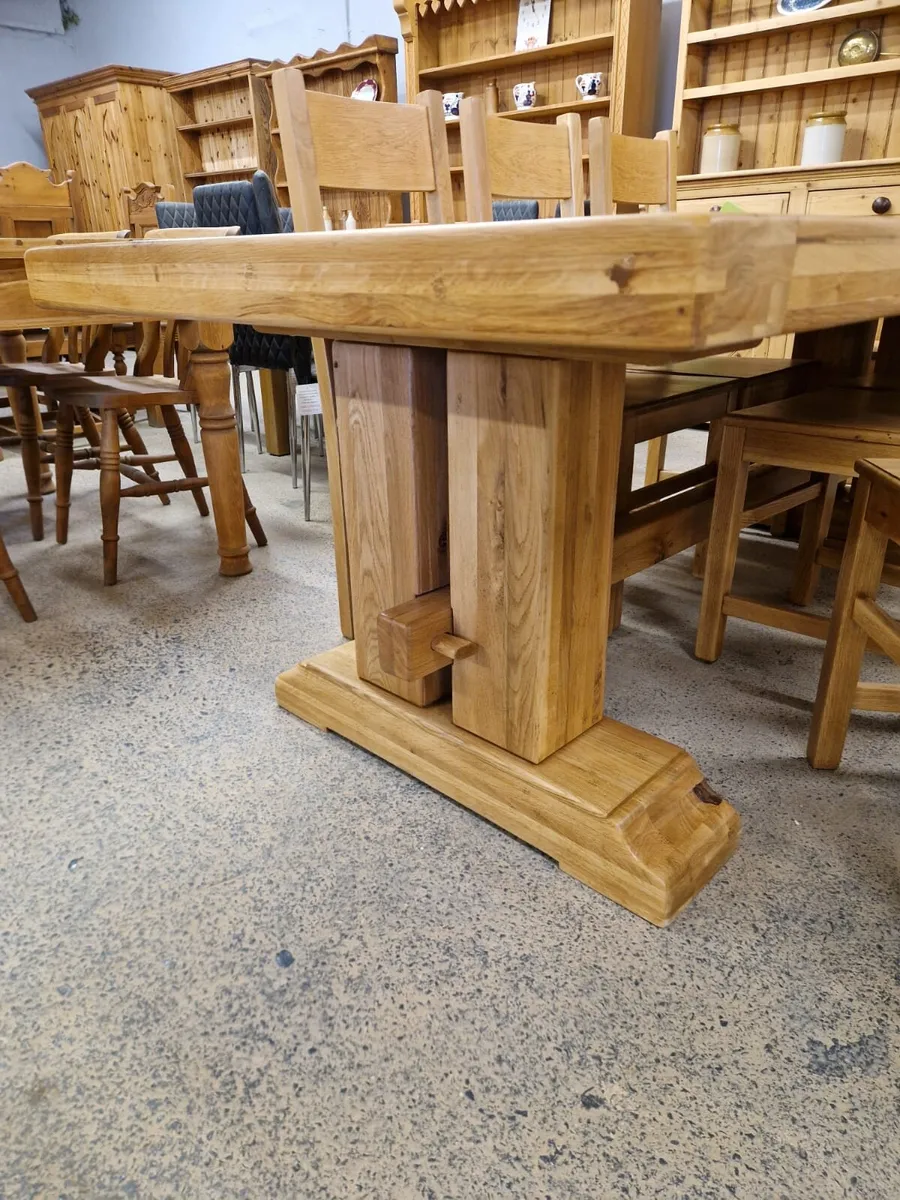 7ft, 8 inches oak trestle table, 8 oak chairs - Image 4