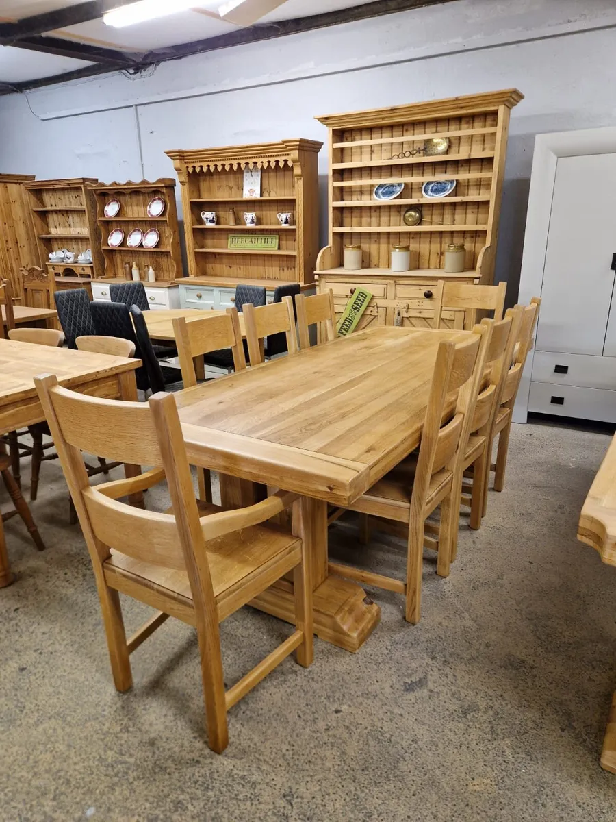 7ft, 8 inches oak trestle table, 8 oak chairs - Image 2