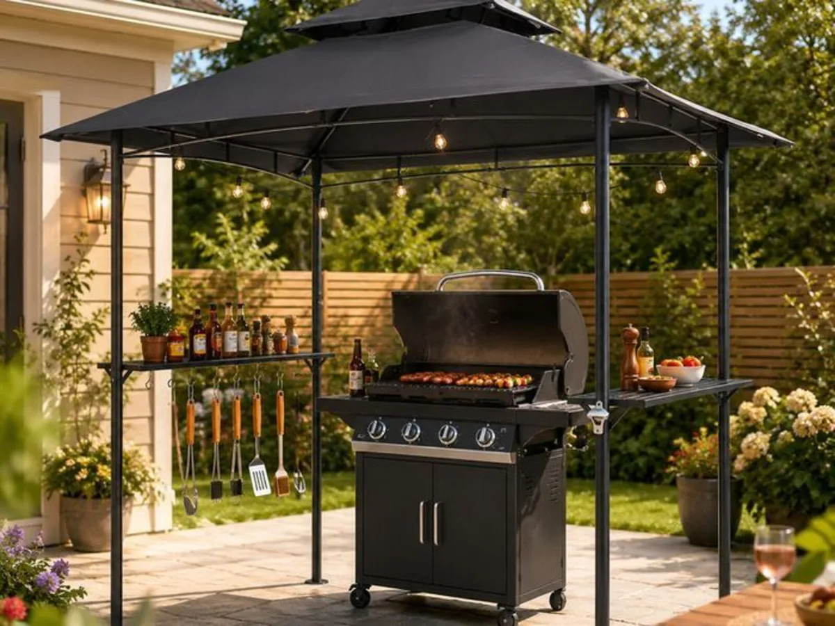 8 x 5 ft BBQ Gazebo Double-Tier Roof 2 Side Shelve - Image 1