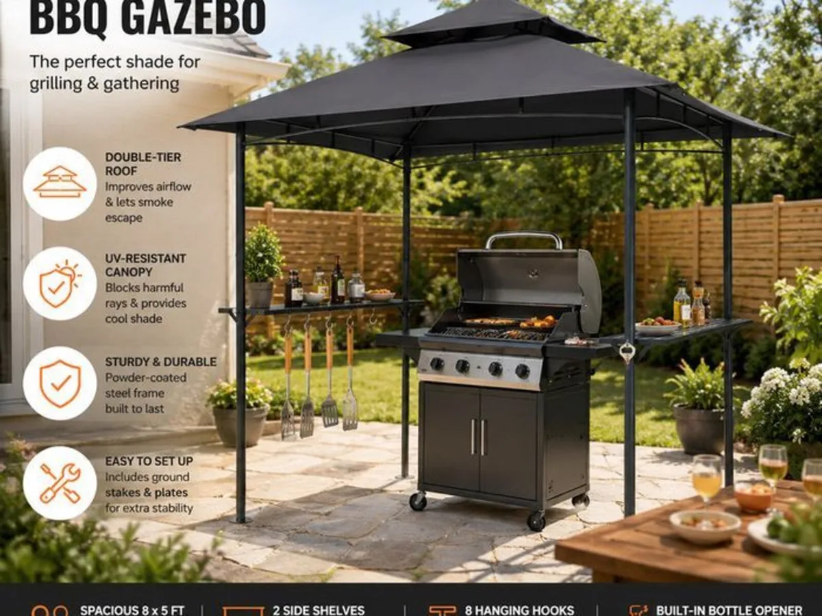 8 x 5 ft BBQ Gazebo Double-Tier Roof 2 Side Shelve - Image 4