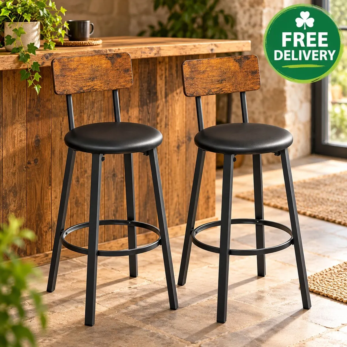 Set of 2 Industrial Bar Stools Rustic Vintage Brow - Image 1