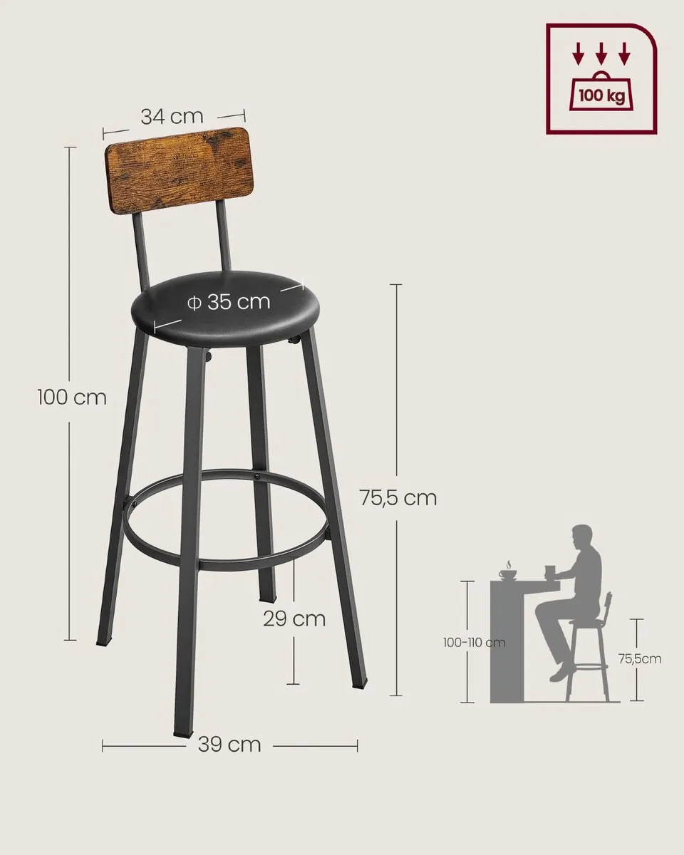 Set of 2 Industrial Bar Stools Rustic Vintage Brow - Image 4