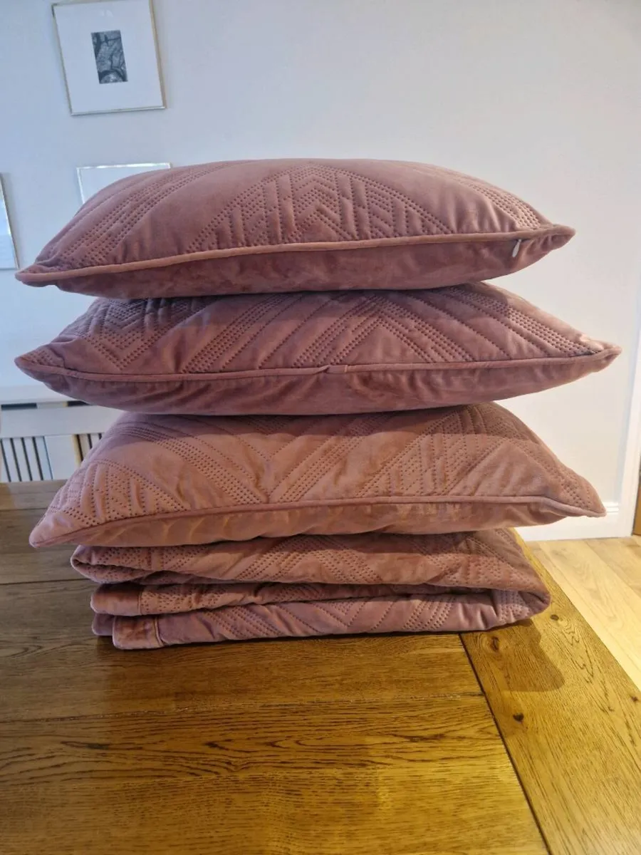 Paul Costelloe Pink Velvet Bedspread & 4 Cushions - Image 1