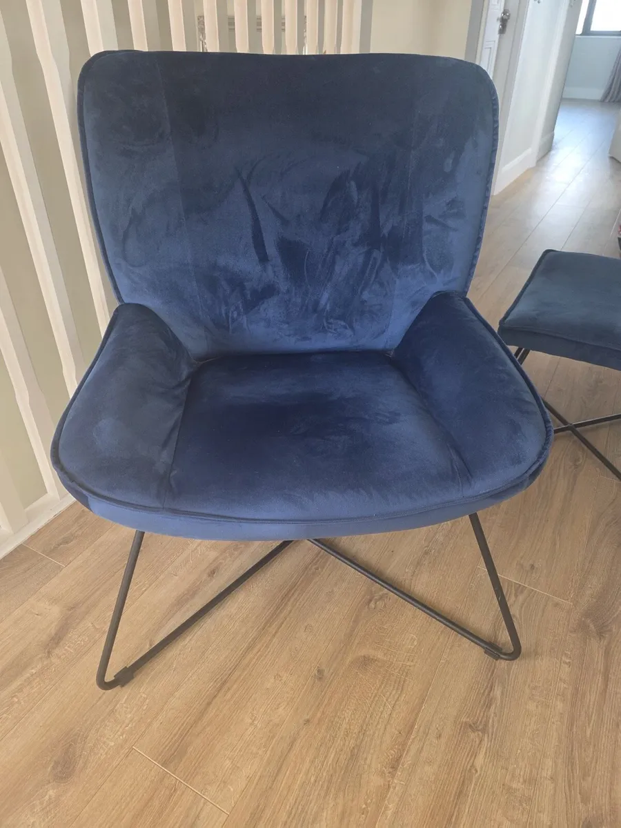 Navy Blue Velvet Armchair & Matching Footstool Set - Image 1