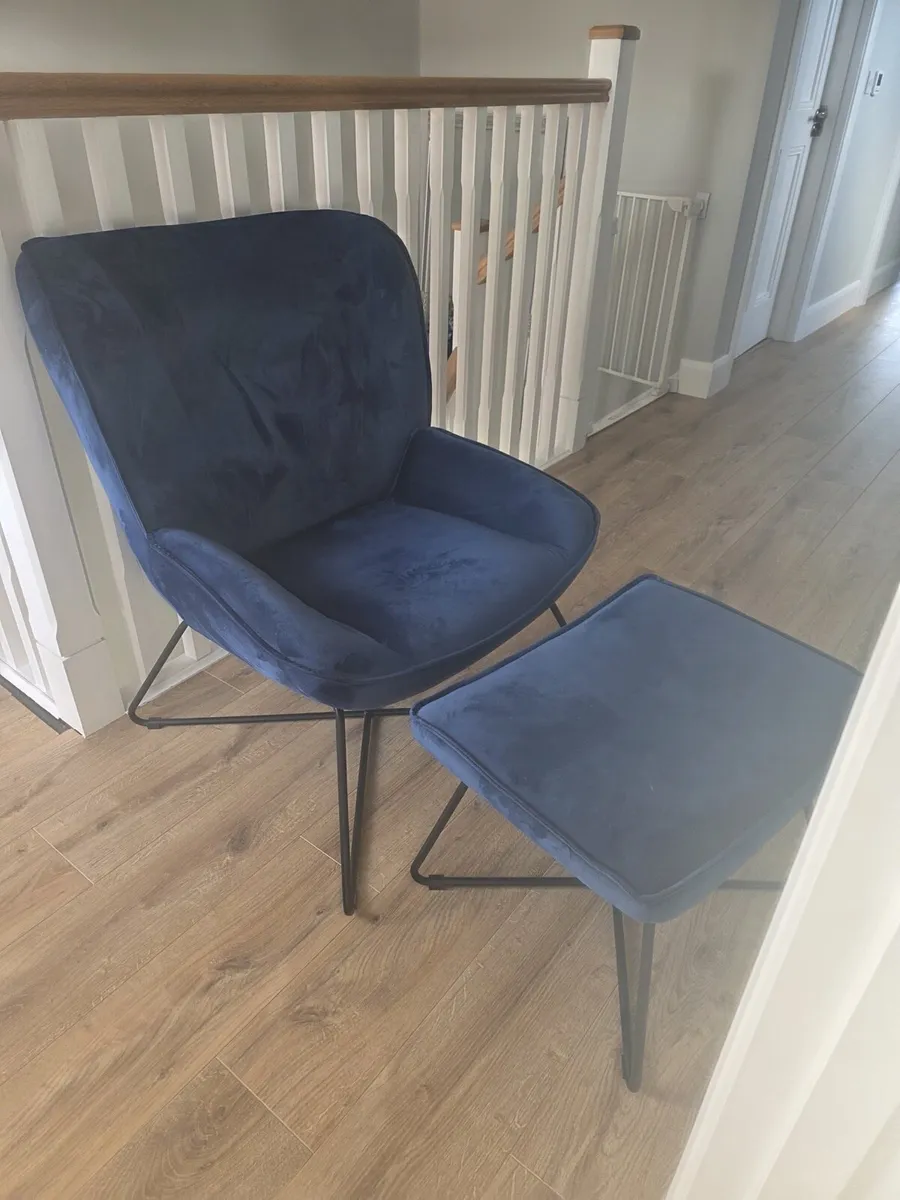 Navy Blue Velvet Armchair & Matching Footstool Set - Image 2