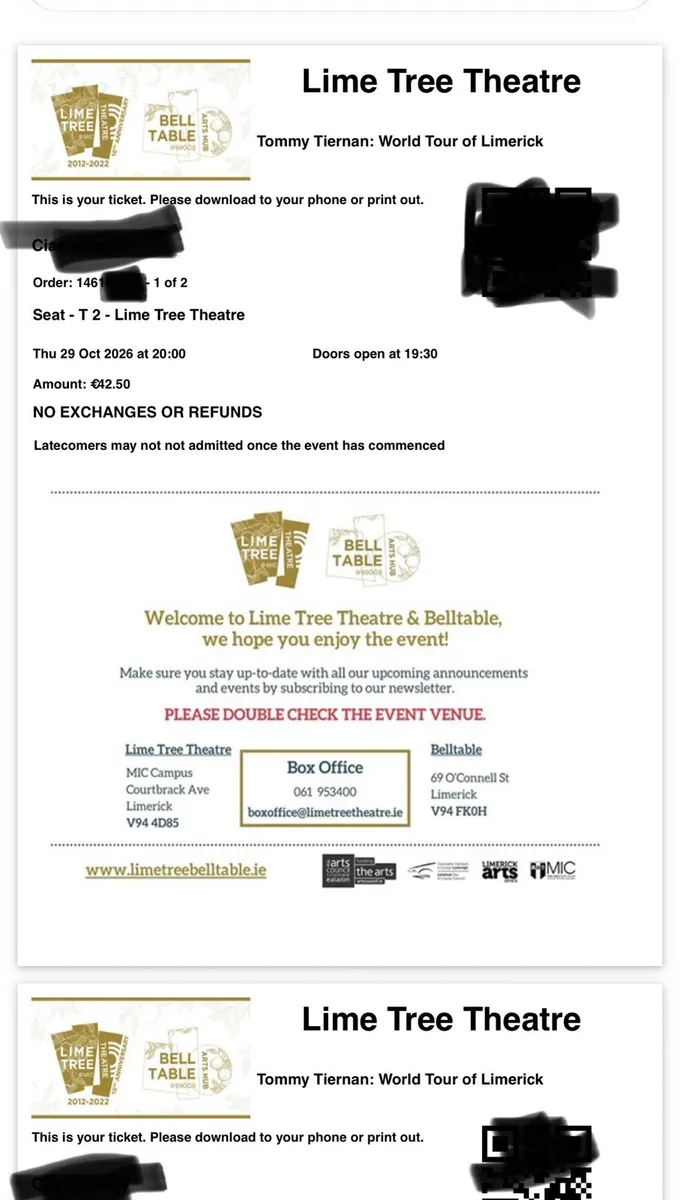 2 x tix Tommie Tiernan Lime Tree Limerick Oct 29th - Image 2