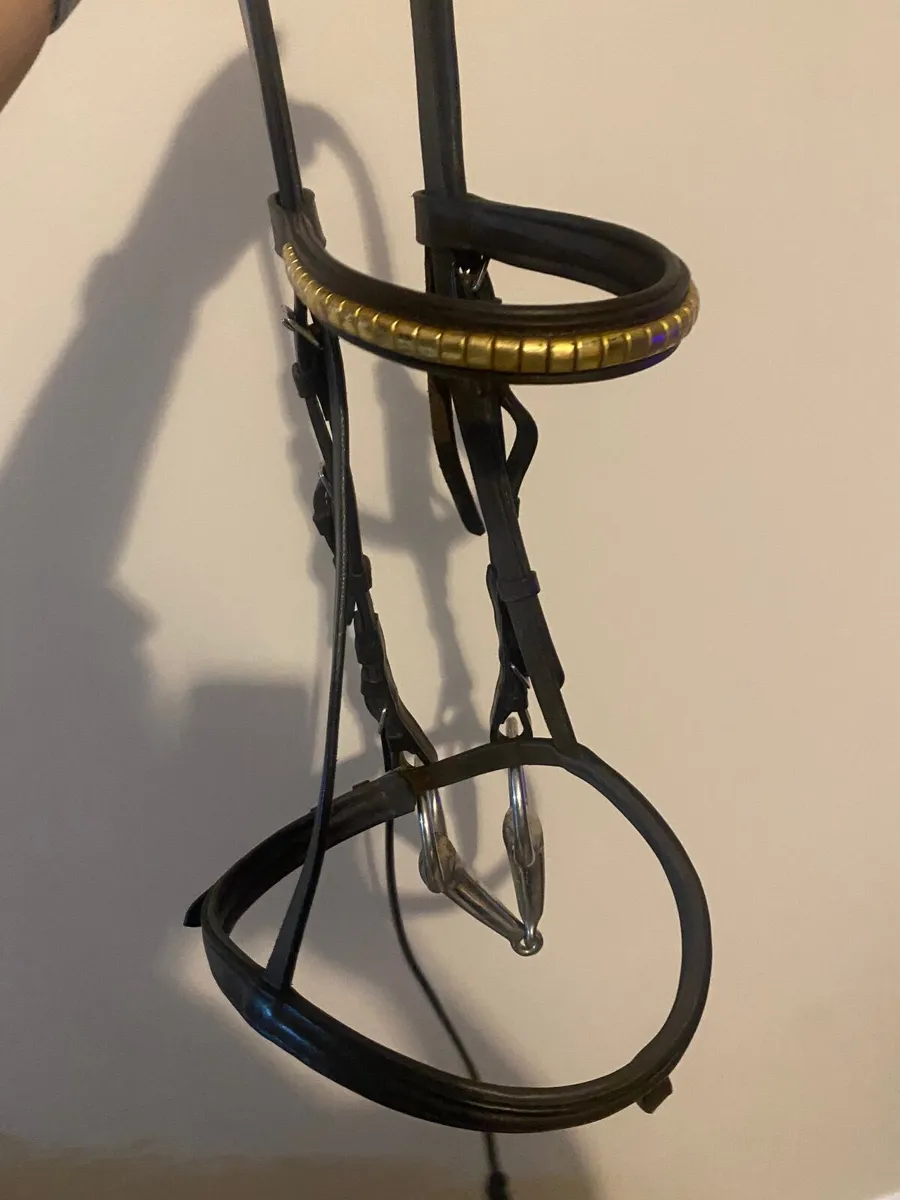 Brown full bridle with snaffle and gold browband - Image 1