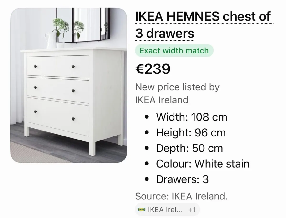 IKEA HEMNES White Chest of 3 Drawers – €55 - Image 2