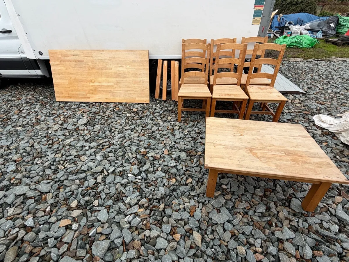 oak kitchen table + chairs + coffee table set - Image 1