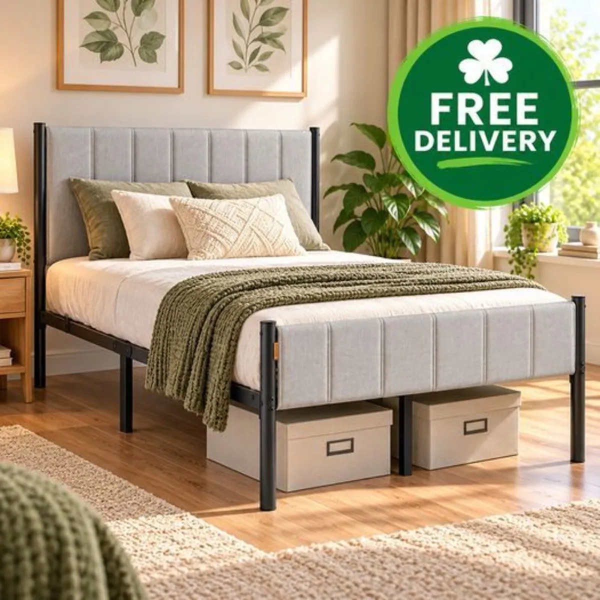Sturdy Double Bed Frame with Foam Headboard and Un - Image 1