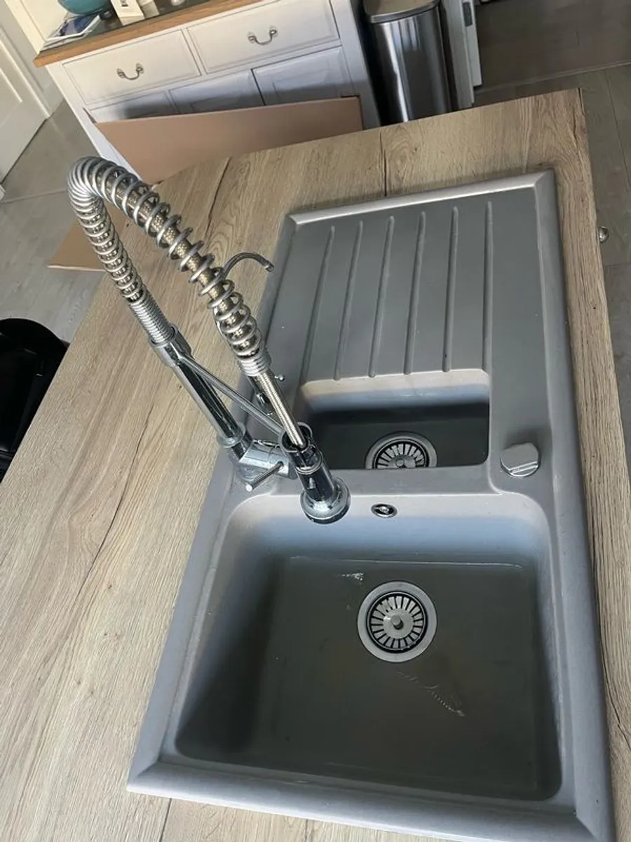 Grey Pyragranite Double Kitchen Sink with Taps - Image 3