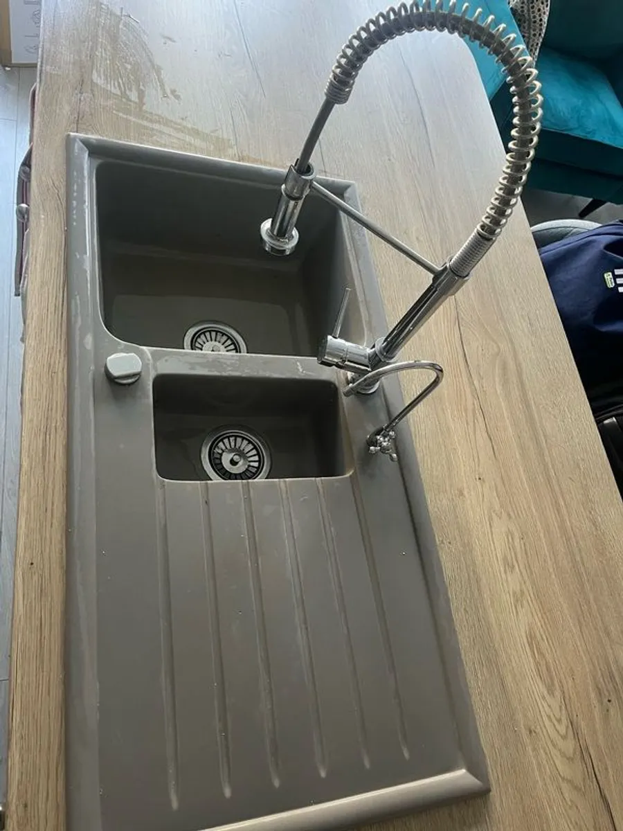 Grey Pyragranite Double Kitchen Sink with Taps - Image 4