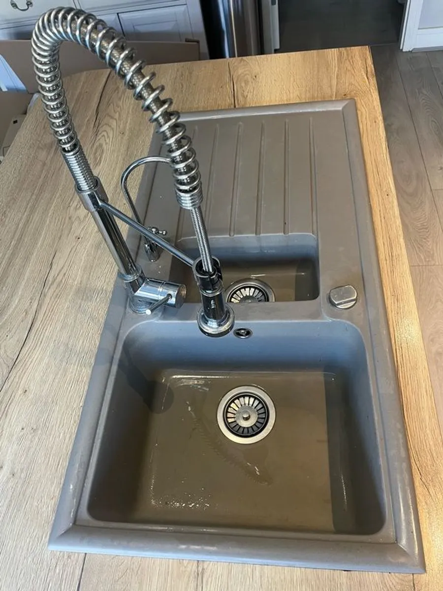 Grey Pyragranite Double Kitchen Sink with Taps - Image 1