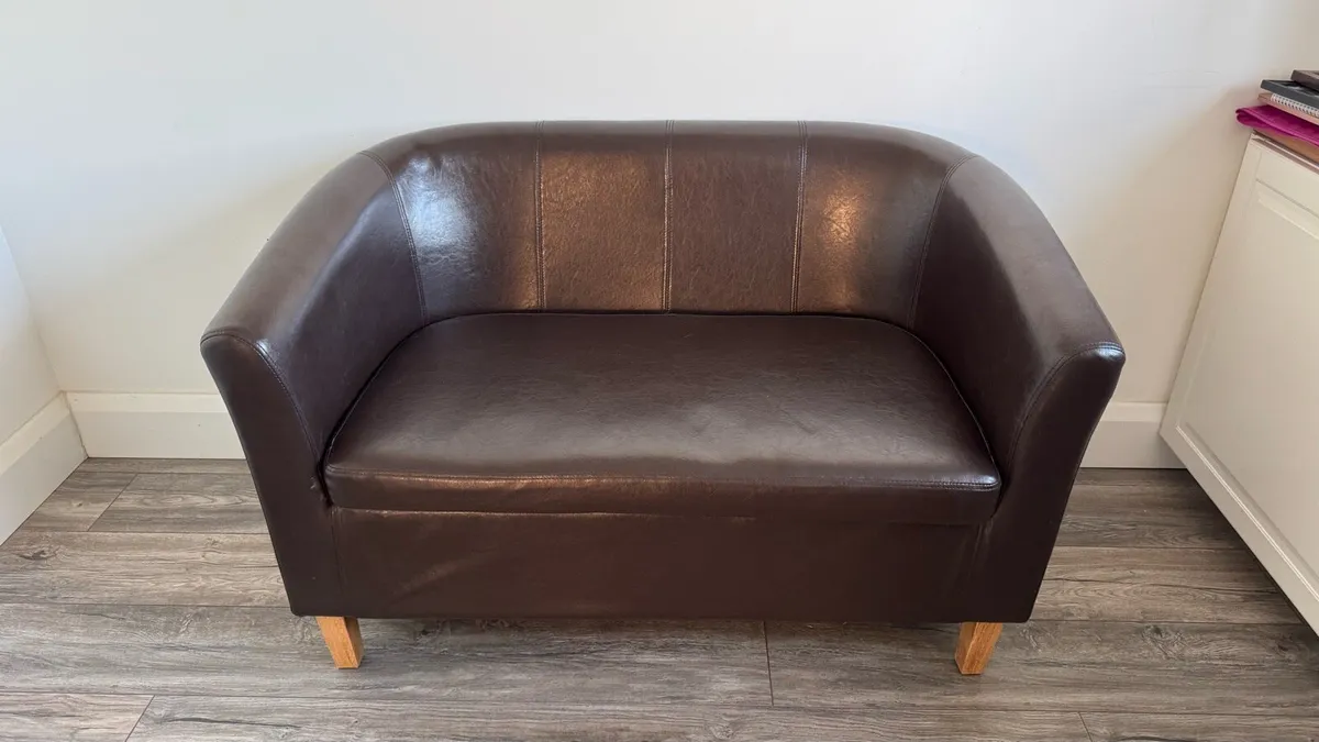 Small Brown Faux Leather Sofa - Like New - Image 2