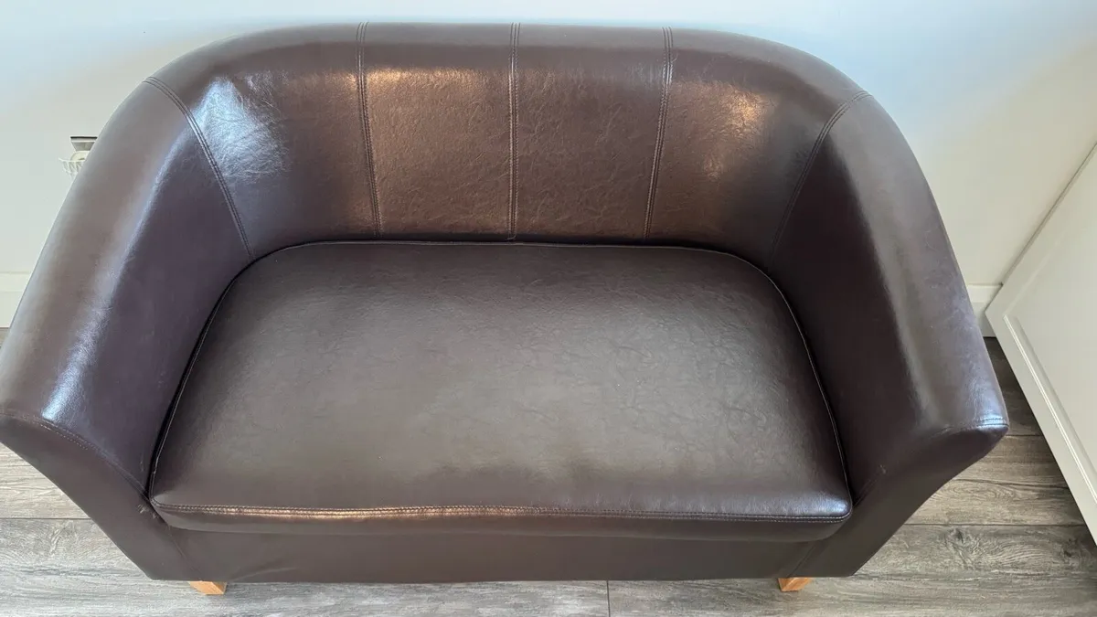 Small Brown Faux Leather Sofa - Like New - Image 3