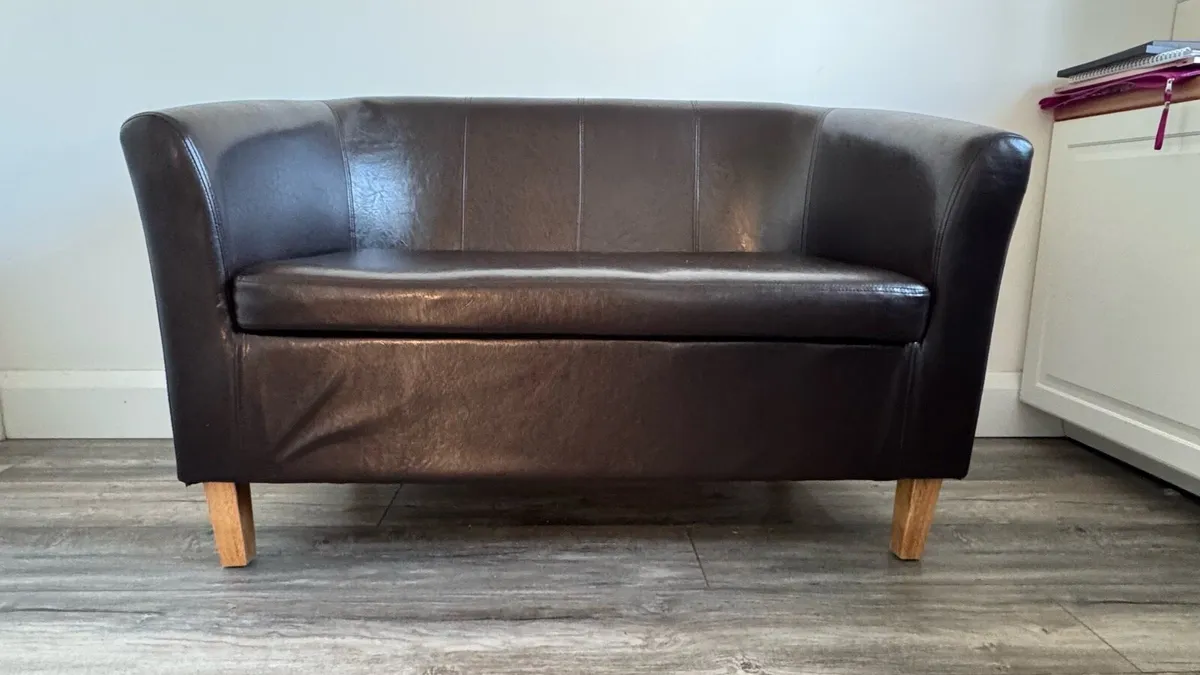 Small Brown Faux Leather Sofa - Like New - Image 4
