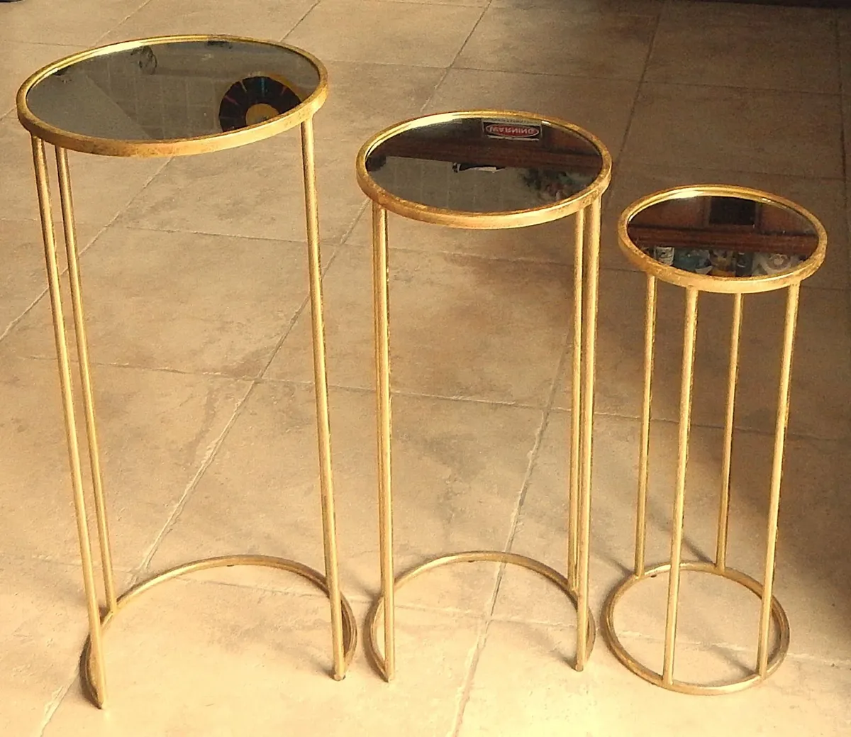 Nest of Metal Stands with Mirrored Glass Tops - Image 3