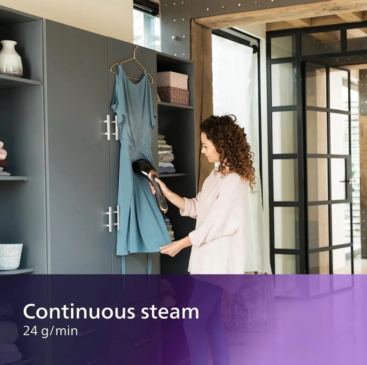 Philips Steam&Go Plus Handheld Clothes Steamer, Vertical and Horizontal Garment Steamer, No Ironing Board Needed, 0.07 Litre, 1300 W, Black/Copper - Image 3