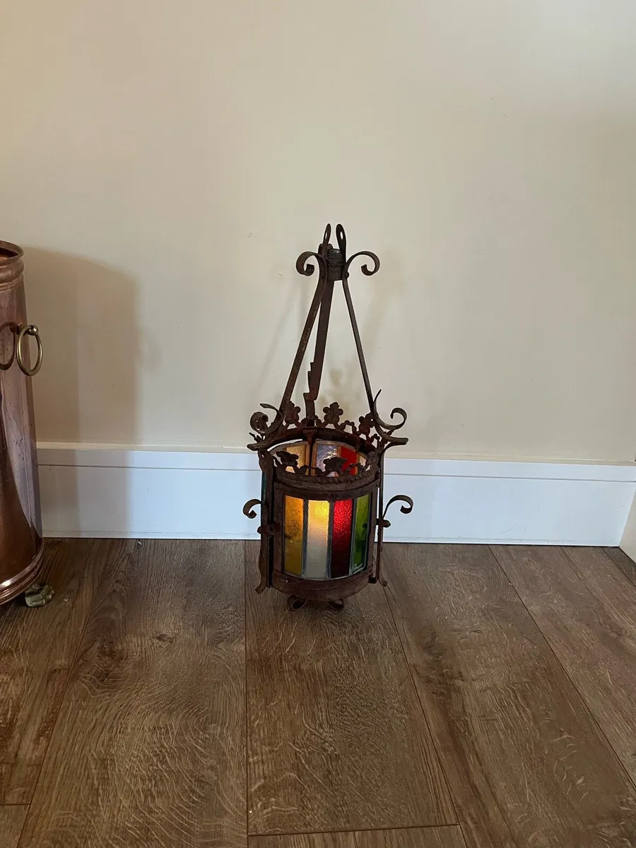 Antique Stained Glass Hall Lantern - Image 1