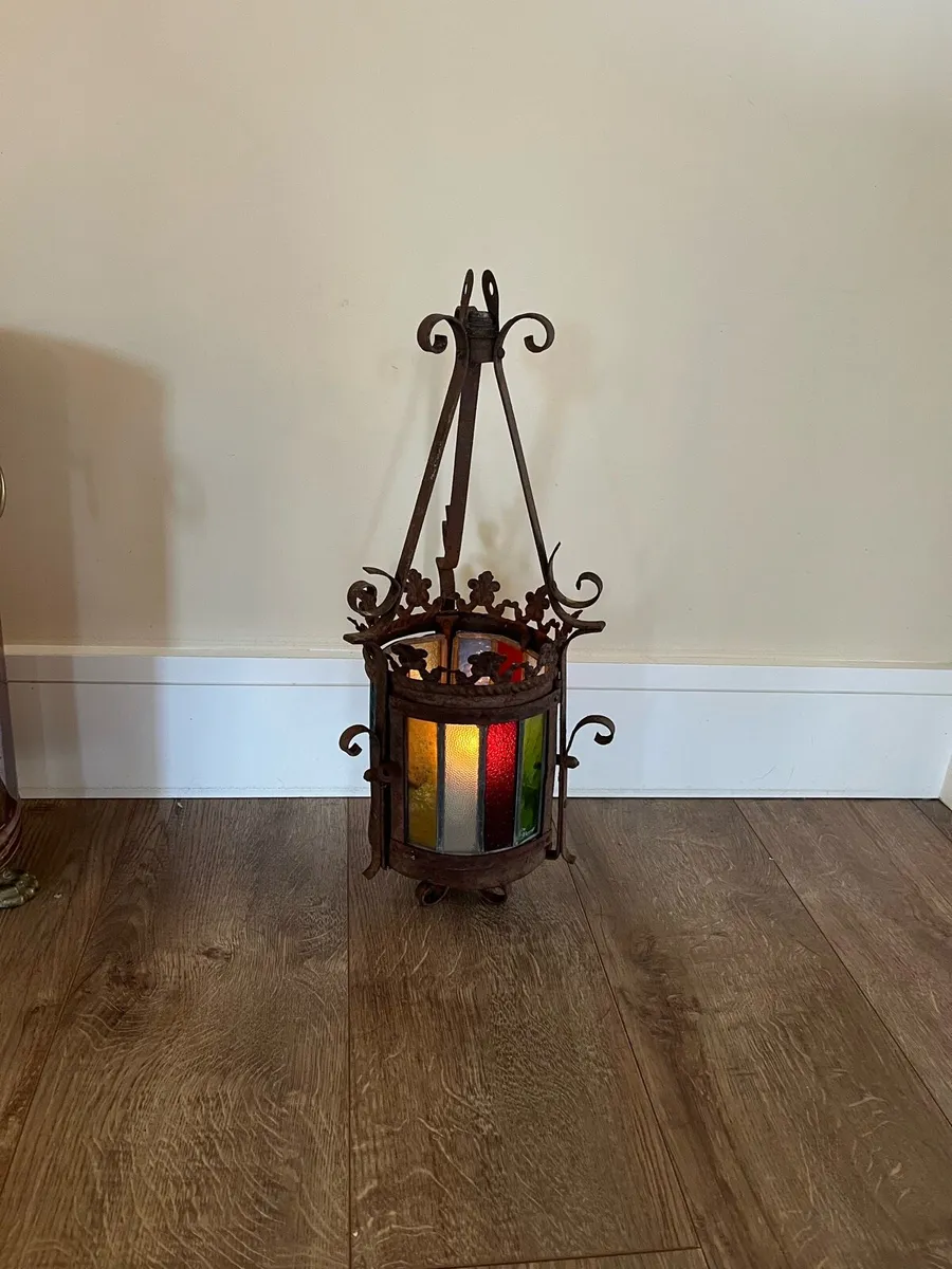 Antique Stained Glass Hall Lantern - Image 2