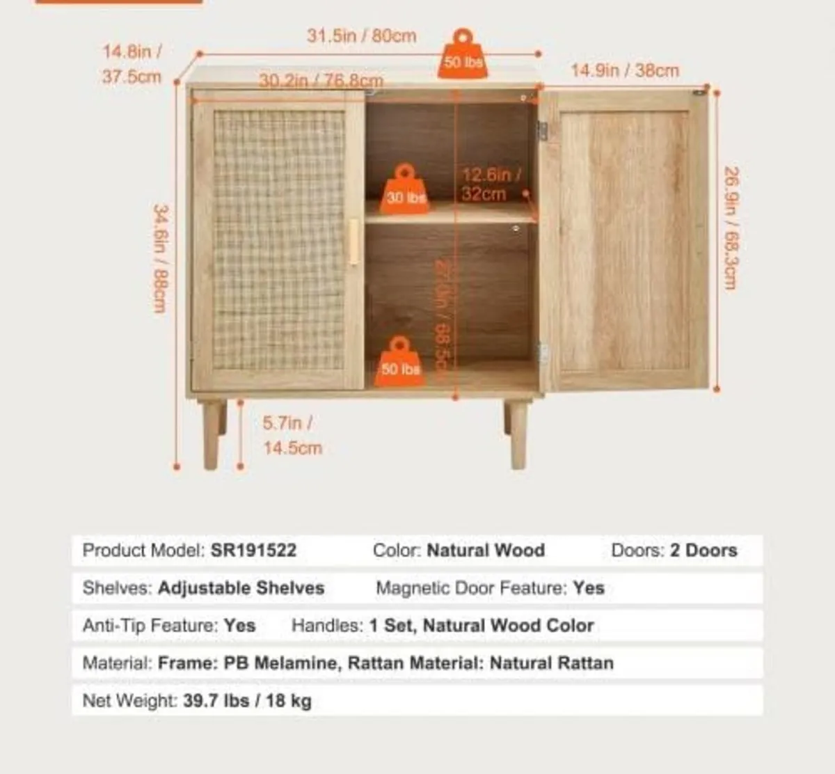Rattan Cabinet, Rattan Storage Cabinet with 2 Magn - Image 4