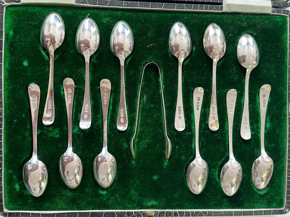 1912 Edwardian  solid silver set 12 and Tong - Image 3
