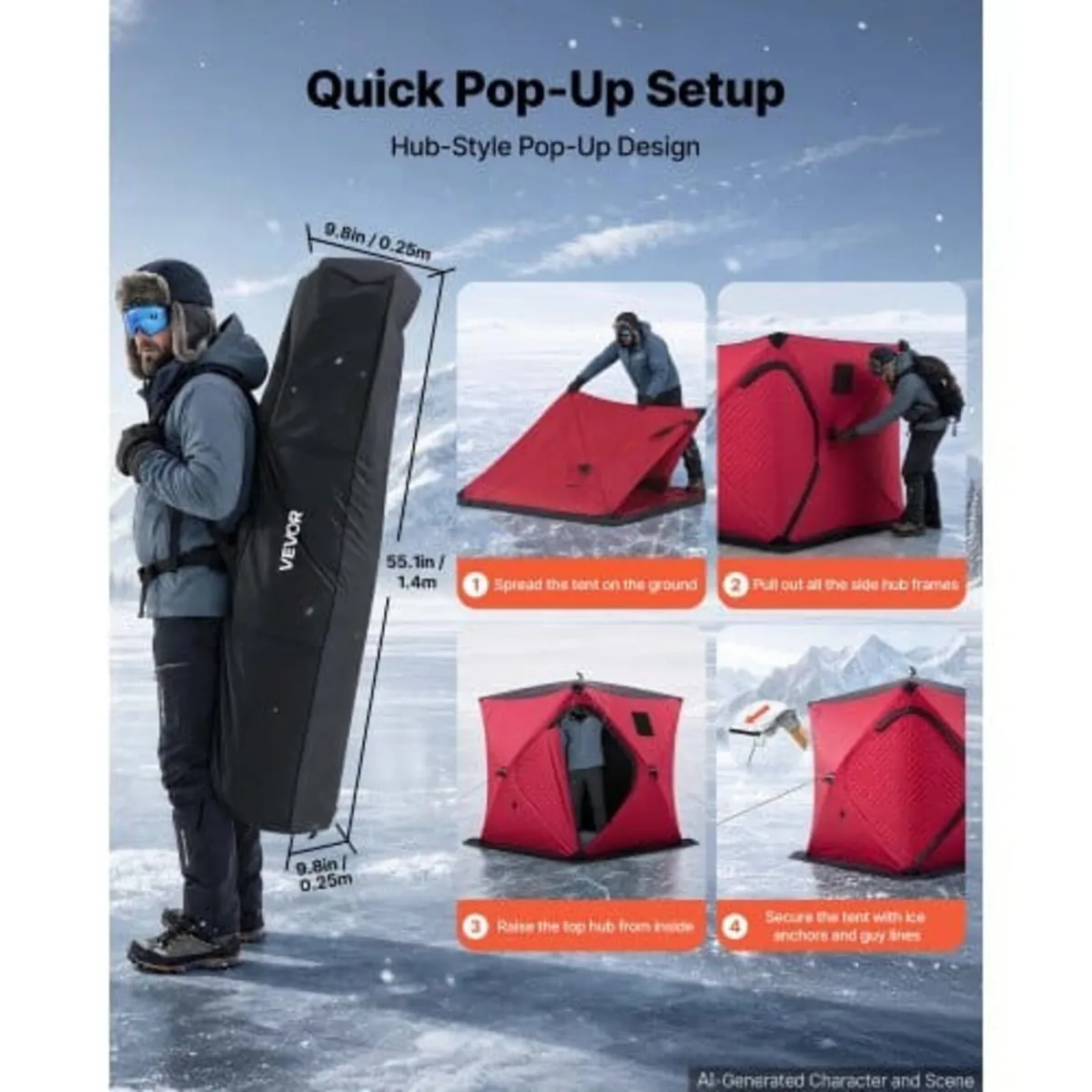 Pop Up Ice Fishing Tent 3-4 Person 1.8 x 1.8 x 2 m - Image 2