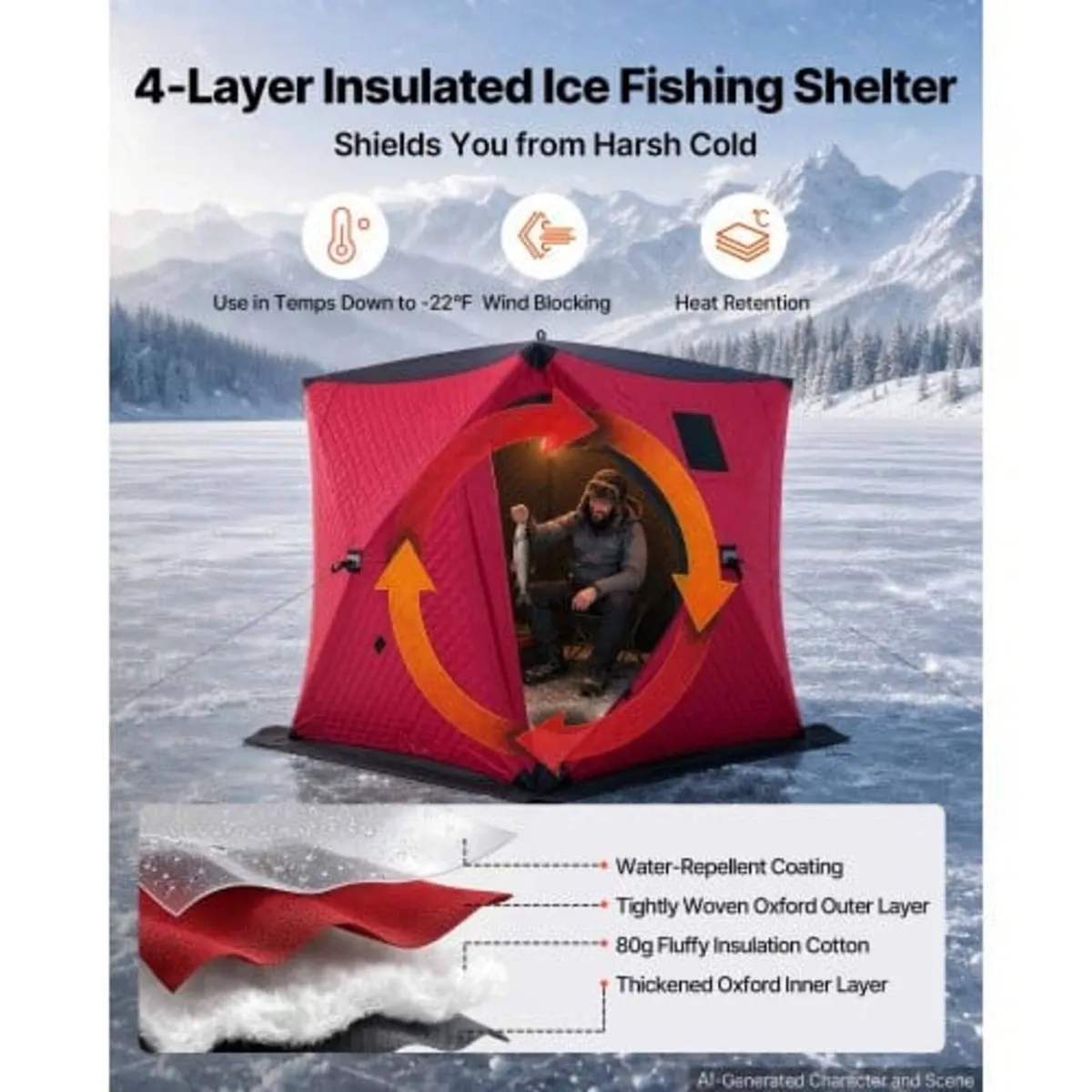 Pop Up Ice Fishing Tent 3-4 Person 1.8 x 1.8 x 2 m - Image 3