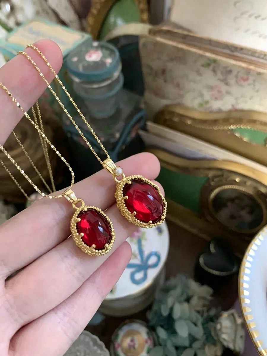 Vintage French Red Gem Pendant Necklace - Image 1